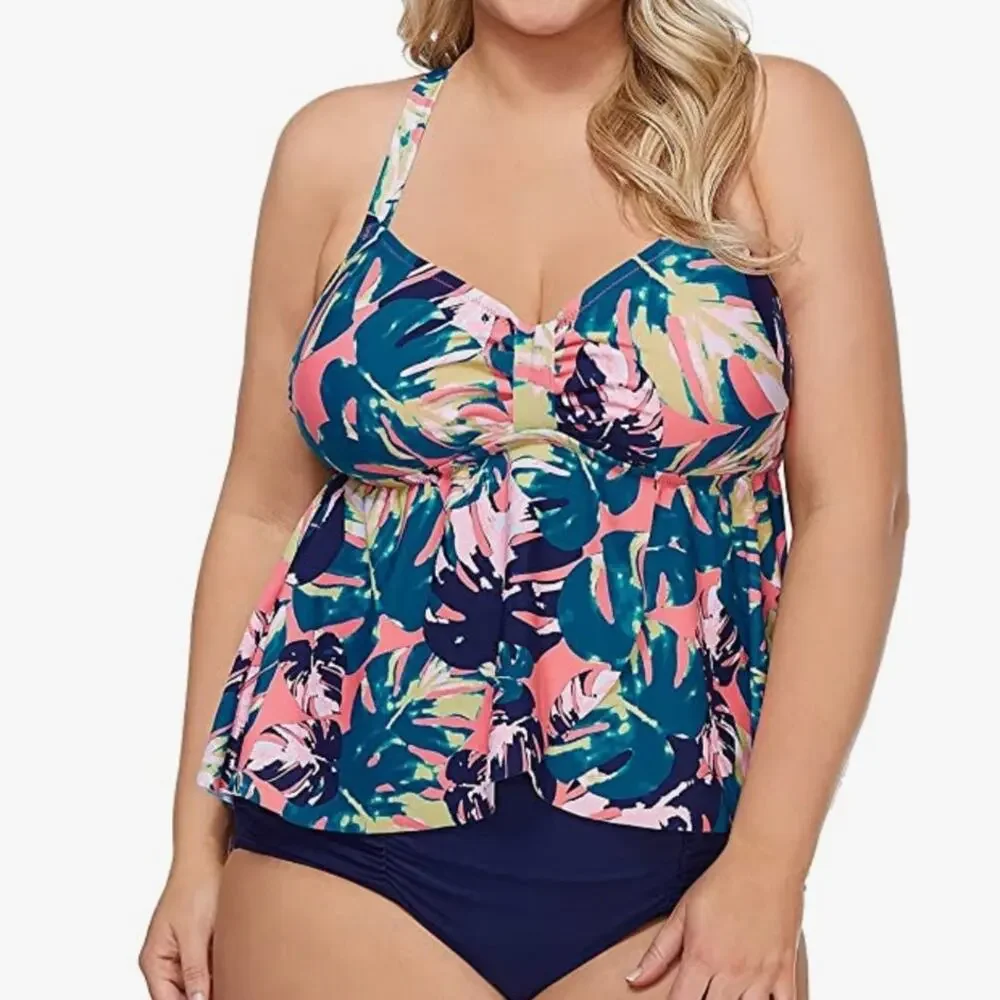Raisins floral Criss-Cross Tankini Swim Top 18w